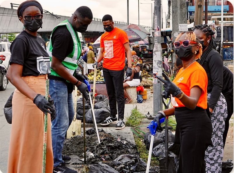 Volunteers clearing waste from a shared public space