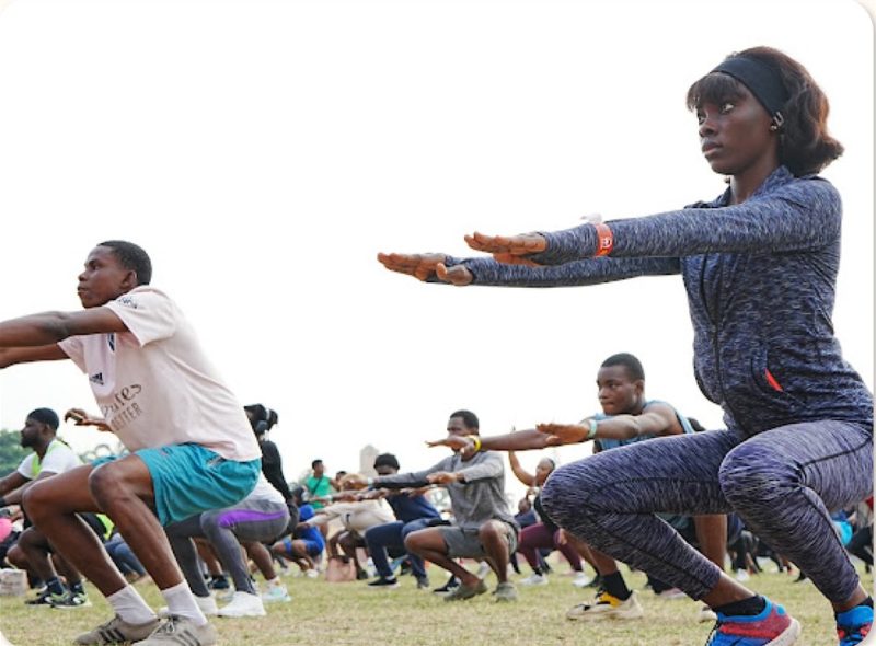 Community members exercising together outdoors